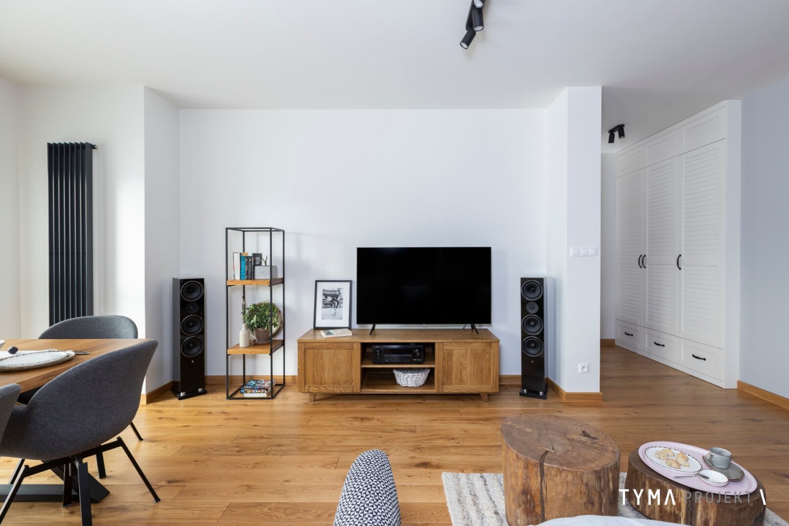 Strefa RTV, szafa wnękowa, grzejnik ozdobny.